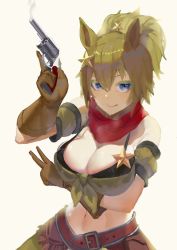 Rule 34 | 1girl, animal ears, arm under breasts, armband, bandeau, belt, bikini, bikini under clothes, blue eyes, breasts, brown belt, brown gloves, brown hair, chinese commentary, cleavage, colored eyelashes, commentary, detached sleeves, gloves, green armband, grey background, gun, hair between eyes, hair ornament, hand up, handgun, holding, holding gun, holding weapon, horse ears, large breasts, looking at viewer, midriff, mohe er~, navel, ponytail, revolver, short hair, short sleeves, simple background, skirt, smile, smoke, solo, star (symbol), star hair ornament, stomach, swimsuit, taiki shuttle (umamusume), umamusume, upper body, v, weapon
