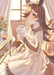 Rule 34 | 1girl, animal ears, backlighting, bow, brown dress, casual, chinese commentary, closed mouth, commentary, cup, curtains, dress, ear ribbon, flower, frilled dress, frills, from side, hair over one eye, highres, holding, holding cup, horse ears, horse girl, horse tail, indoors, kiokpro, long hair, long sleeves, looking at viewer, making-of available, medium dress, purple eyes, ribbon, rice shower (umamusume), sitting, solo, tail, umamusume, vase, white ribbon, wind, window, yellow flower