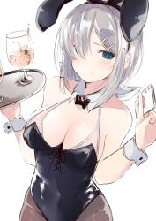 Rule 34 | 1girl, absurdres, animal ears, bare arms, bare shoulders, between fingers, black hairband, black leotard, black pantyhose, blue eyes, blush, breasts, card, cleavage, closed mouth, commentary request, cowboy shot, cup, drink, drinking glass, dyson (edaokunnsaikouya), fake animal ears, hair ornament, hair over one eye, hairband, hairclip, hamakaze (kancolle), heart, highres, holding, holding card, holding tray, kantai collection, leotard, looking at viewer, medium breasts, panties, pantyhose, playboy bunny, playing card, rabbit ears, short hair, simple background, sketch, smile, solo, tray, underwear, white background, wrist cuffs