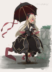 Rule 34 | 1girl, @ @, ashibu, black bow, black dress, black footwear, blue eyes, blush, boots, bow, breasts, dated, dress, embarrassed, female focus, fingerless gloves, full body, gloves, gothic lolita, grass, hair bow, hair ornament, hair over one eye, hairband, half-closed eyes, hand up, have to pee, highres, holding, kanpani girls, lolita fashion, lolita hairband, long hair, long sleeves, looking at viewer, open mouth, outdoors, pee, peeing, peeing self, platinum blonde hair, puddle, puffy long sleeves, puffy sleeves, red ribbon, ribbon, saliva, simple background, small breasts, solo, standing, standing on one leg, text focus, translation request, umbrella, veronica rosen, white gloves