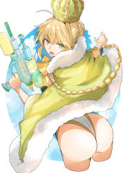 Rule 34 | 1girl, :o, ahoge, artoria pendragon (fate), artoria pendragon (swimsuit archer) (fate), artoria pendragon (swimsuit archer) (third ascension) (fate), ass, blonde hair, bow, bowtie, braid, cape, cowboy shot, crown, fate/grand order, fate (series), french braid, gin moku, green cape, green eyes, highres, holding, holding weapon, looking at viewer, open mouth, orange bow, short hair, solo, swimsuit, water gun, weapon