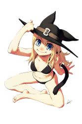 Rule 34 | 1girl, absurdres, adjusting clothes, adjusting headwear, animal hat, arm support, arm up, bare legs, bare shoulders, barefoot, bikini, black bikini, blonde hair, blue eyes, breasts, buckle, cat hat, cat tail, collarbone, feet, from above, full body, hair between eyes, hat, highres, indian style, legs, light smile, long hair, looking at viewer, looking up, navel, nekomimi no nakuza, original, signature, simple background, sitting, small breasts, smile, soles, solo, spread legs, string bikini, swimsuit, tail, tanaka kunihiko, white background