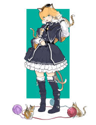 Rule 34 | 1girl, absurdres, animal, animal ear fluff, animal ears, animal on shoulder, aqua background, arknights, bag, black dress, black footwear, black hat, black jacket, black necktie, blush, boots, calico, cat, cat ears, cat on shoulder, cat tail, collared shirt, commentary, dress, english commentary, fang, flat chest, frilled dress, frills, full body, gradient hair, green eyes, handbag, hat, highres, holding, holding animal, holding cat, jacket, medium hair, mini hat, mousse (arknights), multicolored hair, multiple tails, necktie, open mouth, orange hair, shirt, simple background, skin fang, solo, standing, swimnemo, tail, tile floor, tiles, two-tone hair, two tails, white background, white hair, white shirt, wing collar, yarn, yarn ball