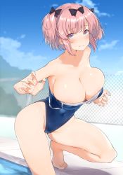Rule 34 | + +, 1girl, areola slip, bare shoulders, barefoot, blue eyes, blue sky, blurry, breasts, chain-link fence, cleavage, cloud, commentary request, covered navel, day, depth of field, fence, hechi (hechi322), hibari (senran kagura), highleg, highleg swimsuit, highres, large breasts, looking at viewer, mountain, one-piece swimsuit, outdoors, pink hair, pool, poolside, senran kagura, short hair, short twintails, sky, solo, squatting, swimsuit, twintails