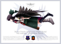 Rule 34 | 1girl, ace combat, arm cannon, black hair, black socks, blouse, boots, bow, cape, female focus, flying, from side, hair bow, insignia, long hair, red eyes, reiuji utsuho, shirt, shoes, skirt, socks, solo, subterranean animism, thermos, third eye, touhou, tsubasa (abchipika), weapon, wings