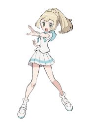 Rule 34 | 1girl, bad id, bad twitter id, blonde hair, blunt bangs, blush, bracelet, braid, commentary request, creatures (company), french braid, full body, game freak, green eyes, high ponytail, highres, jewelry, knees, lillie (pokemon), long hair, miniskirt, nintendo, open mouth, outstretched arm, pleated skirt, pokemon, pokemon sm, shirt, shoes, short sleeves, simple background, skirt, socks, solo, teeth, tongue, upper teeth only, white background, white footwear, white shirt, white skirt, white socks, yoshi (moco1), z-ring