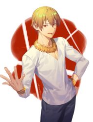 Rule 34 | 1boy, black pants, blonde hair, bracelet, commentary request, fate/zero, fate (series), fingernails, gilgamesh (fate), glint, gold, hand on own hip, jewelry, long sleeves, looking at viewer, male focus, necklace, official alternate costume, pants, parted lips, red eyes, shirt, signature, smile, solo, white shirt, yamakawa