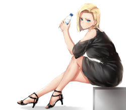 Rule 34 | 1girl, absurdres, android 18, bare legs, bare shoulders, black dress, black footwear, blonde hair, blue eyes, book, bottle, breasts, closed mouth, clothing cutout, commentary, dragon ball, dragon ball (classic), dress, earrings, from side, full body, head tilt, high heels, highres, holding, holding book, jewelry, khanka shui, knee up, large breasts, looking at viewer, outstretched leg, short hair, shoulder cutout, simple background, sitting, solo, water bottle, white background