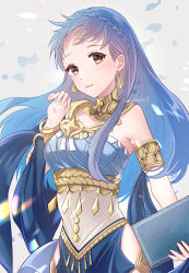 Rule 34 | 1girl, alternate hairstyle, armlet, blue dress, blue hair, blush, book, bracelet, braid, breasts, brown eyes, choker, closed mouth, commentary, crown braid, dancer (fire emblem: three houses), dress, earrings, fire emblem, fire emblem: three houses, fire emblem heroes, floating hair, highres, holding, holding book, jewelry, lips, long hair, looking at viewer, marianne von edmund, medium breasts, nintendo, official alternate costume, pink lips, shawl, solo, twitter username, yutohiroya