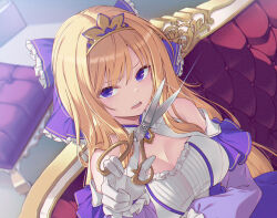 Rule 34 | 1girl, 40hara, blonde hair, bow, breasts, cleavage, gloves, large breasts, open mouth, original, pillow, purple eyes, scissors, solo