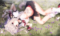Rule 34 | 1girl, animal ears, azur lane, bad id, bad pixiv id, black gloves, black skirt, blue nails, blush, braid, breasts, bug, butterfly, claw pose, closed mouth, crop top, fingerless gloves, flower, gloves, glowing butterfly, insect, kanora, large breasts, long hair, looking at viewer, loose socks, lying, nail polish, navel, on ground, on side, pink nails, pleated skirt, puffy short sleeves, puffy sleeves, red eyes, sailor collar, short sleeves, silver hair, skirt, smile, socks, solo, tail, two side up, very long hair, white socks, yuudachi (azur lane)