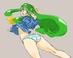 Rule 34 | 1girl, ass, bad id, bad pixiv id, blue eyes, bottomless, chikuwa (tks), floating hair, green hair, grey background, long hair, looking back, lum, no pants, outstretched hand, panties, simple background, solo, star (symbol), striped clothes, striped panties, thighs, underwear, urusei yatsura