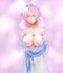 Rule 34 | 1girl, breasts, collarbone, colored pubic hair, come hither, commentary request, covered erect nipples, curvy, female pubic hair, hat, highres, large breasts, looking at viewer, no bra, no panties, pink background, pink eyes, pink hair, pubic hair, saigyouji yuyuko, seductive smile, see-through, smile, solo, touhou, undressing, yubeshi