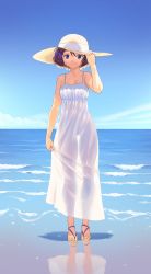 Rule 34 | 1girl, absurdres, blue eyes, blue sky, brown hair, cloud, commission, dress, gloamy, hand on headwear, hat, highres, horizon, looking at viewer, ocean, original, reflection, see-through, see-through dress, see-through silhouette, short hair, sky, smile, solo, straw hat, sundress, thighs, translucent, water