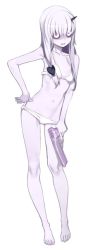 Rule 34 | 1girl, albino, bags under eyes, bare arms, bare legs, bare shoulders, barefoot, bikini, breasts, collarbone, colored skin, constricted pupils, fate/grand order, fate (series), full body, gun, hair between eyes, holding, horns, lavender skin, lavinia whateley (fate), light purple hair, long hair, navel, open mouth, pink eyes, purple skin, shaded face, sidelocks, simple background, single horn, small breasts, solo, stomach, straight hair, swimsuit, third-party edit, toenails, underwear, water gun, weapon, white background, white bikini, wide-eyed