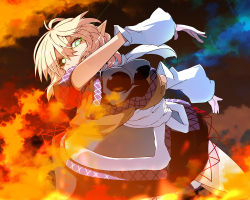 Rule 34 | 1girl, arm up, arm warmers, blonde hair, blush, breasts, female focus, fire, fire, glowing, glowing eyes, green eyes, kanameya, light trail, looking at viewer, mizuhashi parsee, outstretched arm, pointy ears, sash, scarf, shirt, short hair, short sleeves, skirt, solo, touhou, vest