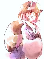 Rule 34 | 1girl, animal ears, breasts, cleavage, fang, futatsuiwa mamizou, glasses, hands in opposite sleeves, japanese clothes, leaf, leaf on head, lowres, monochrome, object on head, open mouth, raccoon ears, raccoon tail, sen1986, smile, tail, touhou