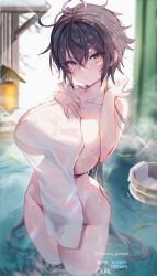 Rule 34 | 1girl, afloat, black hair, breasts, bucket, closed mouth, collarbone, covering privates, eyes visible through hair, hair between eyes, hand on own chest, hands up, highres, huge breasts, hwansang jungdog, large breasts, long hair, looking at viewer, nude cover, original, solo, standing, towel, very long hair, wading, wet, wet hair, wooden bucket, yellow eyes