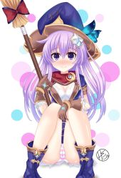Rule 34 | 1girl, blush, boots, breasts, broom, cameltoe, cleavage, dress, four goddesses online: cyber dimension neptune, gloves, hair ornament, hat, helvetica std, highres, holding, jewelry, knees together feet apart, long hair, looking at viewer, nepgear, neptune (series), panties, pantyshot, purple eyes, purple hair, ribbon, short dress, sitting, solo, striped clothes, striped panties, underwear, witch hat