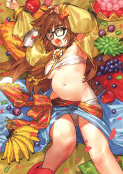 Rule 34 | 1girl, absurdres, apple, armpits, banana, breasts, brown eyes, brown hair, fate/extra, fate/extra ccc, fate/grand order, fate (series), food, fruit, ganesha (fate), glasses, grapes, hair ribbon, highres, indian clothes, jinako carigiri, long hair, looking at viewer, medium breasts, messy hair, mouse (animal), navel, official art, open mouth, plump, ribbon, solo, wada arco