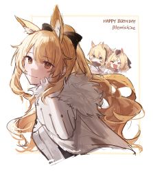 Rule 34 | 3girls, absurdres, animal ears, arknights, armor, aunt and niece, black bow, black headwear, blemishine (arknights), blonde hair, bow, character name, closed eyes, commentary, extra ears, from side, fur-trimmed armor, fur trim, hair bow, happy birthday, hat, headset, highres, horse ears, implied extra ears, long hair, looking at viewer, multiple girls, nearl (arknights), open mouth, ponytail, portrait, ryat, siblings, simple background, sisters, smile, symbol-only commentary, thick eyebrows, whislash (arknights), white background, yellow eyes