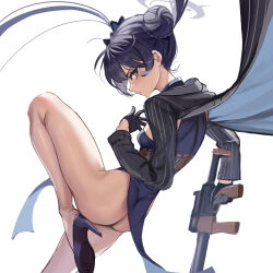 Rule 34 | 1girl, ass, black dress, black eyes, black footwear, black gloves, black jacket, blue archive, commentary, double bun, dragon print, dress, from behind, gloves, gun, hair bun, highres, holding, holding gun, holding weapon, jacket, kisaki (blue archive), legs, long hair, looking at viewer, no panties, shoes, simple background, solo, stone (ksorede), striped clothes, striped jacket, thighs, twintails, vertical-striped clothes, vertical-striped jacket, weapon, white background