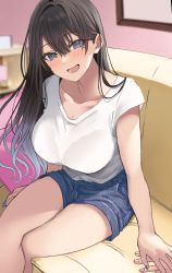 Rule 34 | 1girl, black hair, blurry, blurry background, blush, bra visible through clothes, breasts, cleavage, collarbone, commentary request, couch, crossed legs, denim, denim shorts, grey eyes, hair between eyes, hamu (plot sy), hand on another&#039;s hand, highres, large breasts, long hair, mole, mole under eye, nail polish, open mouth, original, picture frame, sasagawa ayano, shirt, short shorts, short sleeves, shorts, sitting, smile, t-shirt, thighs, wall, white shirt