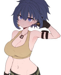 Rule 34 | 1girl, arm up, armpits, bare shoulders, black gloves, blue eyes, blue hair, breasts, cleavage, closed mouth, dog tags, earrings, gloves, hair between eyes, high ponytail, jewelry, large breasts, leona heidern, navel, simple background, solo, sumiyao (amam), tank top, the king of fighters, the king of fighters xv, white background, yellow tank top