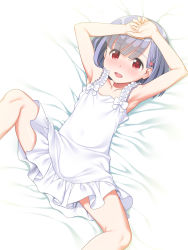 Rule 34 | 1girl, blush, bow, child, dress, female focus, frilled dress, frills, fugetsu taku, hair ornament, hairclip, highres, lying, on back, on bed, open mouth, original, purple hair, red eyes, solo, spread legs, white bow, white dress