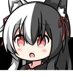 Rule 34 | 1girl, :o, alice mana, alice mana channel, animal ear fluff, animal ears, black background, black dress, black hair, blush, commentary request, dress, hair between eyes, hair ribbon, long hair, looking at viewer, multicolored hair, nagato-chan, open mouth, portrait, red eyes, red ribbon, ribbon, solo, two-tone background, two-tone hair, virtual youtuber, white background, white hair