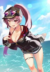 Rule 34 | 1girl, absurdres, bikini, bikini under clothes, black headwear, black jacket, breasts, cleavage, collarbone, earrings, eyewear on head, halterneck, hat, heart, heart necklace, heterochromia, highres, hololive, houshou marine, houshou marine (summer), jacket, jewelry, large breasts, long hair, looking at viewer, meteor (yamashou), necklace, o-ring, o-ring thigh strap, ocean, open mouth, outdoors, ponytail, red eyes, red hair, sunglasses, swimsuit, thigh strap, virtual youtuber, yellow eyes