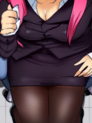 Rule 34 | 1girl, bad id, bad pixiv id, breasts, cleavage, female focus, female pov, head out of frame, hyudora, koakuma, legs, mole, office lady, pantyhose, pencil skirt, pink hair, pov, shirt, skirt, solo, taut clothes, taut shirt, embodiment of scarlet devil, thighs, touhou