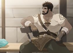 Rule 34 | 1boy, alternate skin color, apron, bandaged arm, bandages, bara, beard, black eyes, black hair, blacksmith, bulge, chest hair, cross-laced slit, dark-skinned male, dark skin, facial hair, genshin impact, hammer, highres, holding, holding hammer, jojiart, looking to the side, male focus, mature male, muscular, muscular male, mustache, pectoral cleavage, pectorals, short hair, sitting, solo, spread legs, sweat, thick eyebrows, thick thighs, thighs, wagner (genshin impact), waist apron