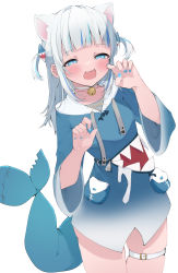 Rule 34 | 1girl, animal hood, bell, bloop (gawr gura), blue eyes, blue hair, blunt bangs, breasts, fins, fish tail, gawr gura, gawr gura (1st costume), grey hair, hair ornament, highres, hololive, hololive english, hood, hood down, hoodie, long sleeves, looking at viewer, medium hair, multicolored hair, neck bell, shark hair ornament, shark hood, shark tail, skindentation, small breasts, smile, solo, streaked hair, tail, thigh strap, two side up, uica, virtual youtuber