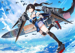 Rule 34 | 1girl, a6m zero, aircraft, airplane, black hair, black legwear, blue oath, breasts, costor32, flight deck, from side, full body, hair ribbon, highres, holding, holding sword, holding weapon, kaga (blue oath), katana, large breasts, long hair, looking at viewer, ponytail, ribbon, sheath, sheathed, smile, solo, sword, weapon, white ribbon, yellow eyes