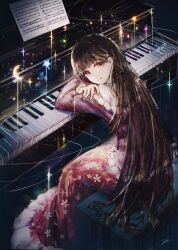 Rule 34 | 1girl, absurdres, arm rest, black hair, brown eyes, closed mouth, commentary, dark, frilled skirt, frills, glitter, highres, houraisan kaguya, instrument, long hair, long skirt, long sleeves, looking at viewer, moon, piano, piano bench, pink shirt, red skirt, sheet music, shirt, skirt, smile, solo, sparkle, symbol-only commentary, tonan (l0l0l0l0l0l), touhou