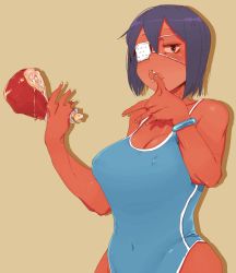 Rule 34 | 1girl, black hair, blue eyes, borrowed character, bracelet, breasts, chicken (food), chicken leg, cleavage, commentary, covered erect nipples, covered navel, cowboy shot, dark-skinned female, dark skin, eating, eyepatch, food, gigi-chan, highres, jewelry, large breasts, lips, looking at viewer, one-piece swimsuit, original, short hair, solo, swimsuit, torigoshi crow