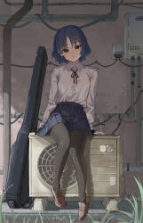 Rule 34 | 1girl, black pantyhose, black ribbon, blue hair, blue skirt, bocchi the rock!, breasts, closed mouth, collared shirt, condenser unit, day, dot nose, expressionless, grass, guitar case, industrial pipe, instrument case, loafers, long sleeves, looking at viewer, medium breasts, mole, mole under eye, neck ribbon, pantyhose, pleated skirt, ribbon, shadow, shirt, shirt tucked in, shoes, short hair, shozakana, sitting, skirt, solo, tile floor, tiles, white shirt, yamada ryo, yellow eyes
