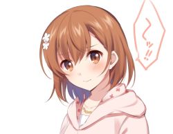 Rule 34 | 1girl, blush, brown eyes, brown hair, casual, closed mouth, collarbone, dolly (toaru kagaku no railgun), flower, hair between eyes, hair flower, hair ornament, hood, hood down, hooded sweater, jewelry, looking at viewer, necklace, nemu mohu, pink sweater, portrait, short hair, simple background, solo, sweater, toaru kagaku no railgun, toaru majutsu no index, white background, white flower