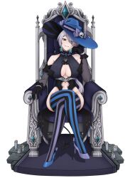 Rule 34 | 1girl, anafuu, arm support, black dress, black gloves, blue eyes, brid (nikke), chair, cleavage cutout, closed mouth, clothing cutout, commission, crossed legs, dress, gloves, goddess of victory: nikke, green hair, grey hair, hair over one eye, hat, high heels, highres, long hair, low-tied long hair, multicolored hair, simple background, sitting, smile, solo, stomach cutout, thighhighs, third-party source, throne, two-tone hair, two-tone thighhighs, white background, witch, witch hat