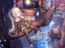 Rule 34 | 1girl, architecture, black coat, brown thighhighs, cape, clock, clock tower, coat, demon girl, demon tail, esza (sechka), garter straps, highres, legs, leotard, light, light particles, light rays, long hair, looking at viewer, nail polish, night, no shoes, open clothes, open coat, original, pink hair, pointy ears, ponytail, pubic tattoo, red cape, red eyes, sechka, short shorts, shorts, side ponytail, sitting, sky, solo, tail, tattoo, thighhighs, toeless legwear, toenail polish, toenails, toes, tower, white hair