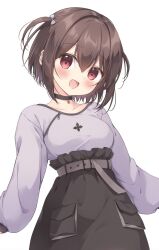 Rule 34 | 1girl, :d, belt, belt buckle, black choker, black skirt, blush, bow, breasts, brown hair, buckle, choker, collarbone, commentary request, grey bow, hair between eyes, hair bow, hair intakes, high-waist skirt, highres, looking at viewer, medium breasts, miyasaka naco, open mouth, original, purple shirt, red eyes, shirt, short hair, simple background, skirt, smile, solo, two side up, white background