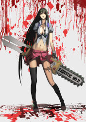 Rule 34 | 1girl, asymmetrical legwear, bad id, bad pixiv id, black hair, black necktie, black socks, blood, blood splatter, breasts, brown footwear, chainsaw, cleavage, collared shirt, copyright request, covered erect nipples, english text, female focus, full body, grey background, head tilt, holding, jellytits-7, kneehighs, long hair, medium breasts, midriff, mismatched legwear, navel, necktie, panties, parted lips, pleated skirt, puffy short sleeves, puffy sleeves, red eyes, red skirt, shirt, shoes, short necktie, short sleeves, single kneehigh, single sock, single thighhigh, skirt, socks, solo, standing, swastika, thighhighs, underwear, very long hair, white panties, white shirt, wing collar