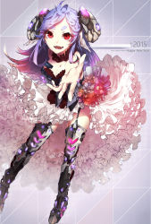 Rule 34 | 10s, 1girl, 2015, ahoge, bad id, bad pixiv id, black footwear, boots, bouquet, breasts, chinese zodiac, choker, cleavage, dress, english text, eyebrows, fangs, floating, flower, frilled dress, frills, garter straps, happy new year, horns, large breasts, light purple hair, long hair, looking at viewer, armored boots, new year, open mouth, original, outstretched arm, purple hair, red eyes, senshuu kou, sharp teeth, sheep horns, solo, teeth, thick eyebrows, thigh boots, thighhighs, year of the goat, year of the ram