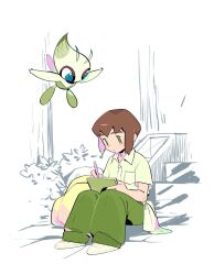 Rule 34 | 1boy, aged down, breast pocket, buttons, celebi, closed mouth, collared shirt, commentary, creatures (company), drawing, game freak, gen 2 pokemon, green eyes, green pants, hak ahl, legendary pokemon, looking down, male focus, mythical pokemon, nintendo, pants, pocket, pokemon, pokemon (anime), pokemon (classic anime), pokemon (creature), pokemon 4ever - celebi: the voice of the forest, samuel oak, shirt, shoes, short sleeves, sitting, writing