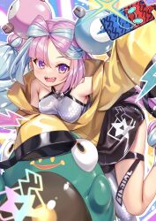 Rule 34 | 1girl, bellibolt, blue hair, bow-shaped hair, character hair ornament, creatures (company), game freak, gen 4 pokemon, grey pantyhose, hair ornament, hexagon print, highres, iono (pokemon), jacket, ks (xephyrks), long hair, low-tied long hair, multicolored hair, nintendo, oversized clothes, pantyhose, pink eyes, pink hair, pokemon, pokemon sv, rotom, rotom phone, sharp teeth, shirt, single leg pantyhose, sleeveless, sleeveless shirt, sleeves past fingers, sleeves past wrists, teeth, twintails, two-tone hair, very long hair, very long sleeves, yellow jacket