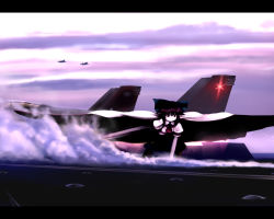 Rule 34 | 1girl, ace combat, aircraft, airplane, bow, commentary request, crossover, f-18, fighter jet, flight deck, jet, letterboxed, long hair, military, military vehicle, reiuji utsuho, smoke, solo, touhou, tsubasa (abchipika), vehicle focus, wings