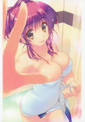 Rule 34 | 1girl, :p, absurdres, amazuyu tatsuki, armpits, bare shoulders, bathroom, bathtub, breasts, brown eyes, cleavage, collarbone, curtains, fingernails, hair bun, hair up, highres, holding, indoors, kousaka tamaki, large breasts, looking at viewer, naked towel, official art, outstretched arm, red hair, scan, sidelocks, single hair bun, solo, standing, standing on one leg, taut clothes, to heart (series), to heart 2, tongue, tongue out, towel, water, wet, wet hair