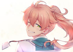 Rule 34 | 1boy, fate (series), floating hair, from behind, green eyes, hair between eyes, lab coat, lanyard, long hair, looking at viewer, male focus, one eye closed, ponytail, portrait, romani archaman, simple background, smile, solo, try (lsc), white background