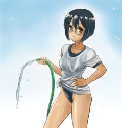Rule 34 | 1girl, black hair, brown eyes, chaborin, competition swimsuit, gym shirt, gym uniform, highleg, highleg swimsuit, hose, long hair, one-piece swimsuit, original, shirt, short hair, solo, standing, swimsuit, swimsuit under clothes, t-shirt, tied shirt, water